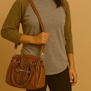 Vintage Women's Brown Faux Leather Satchel Shoulder Bag Medium
